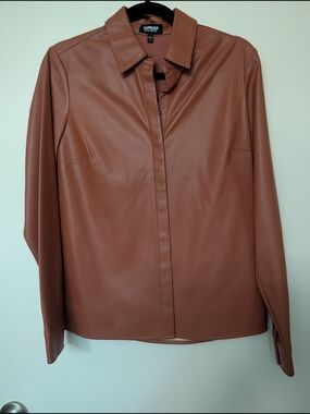 Express Faux Leather Button-Up Shirt Jacket - Cognac Sz S NWOT